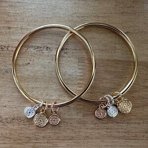 Set of Two Bangle Bracelets with Rose, White and Yellow Gold Plated Charms